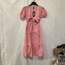 Influence Women's Fit & Flare Midi Dress Pink White Gingham Tie Front 12 US/14UK