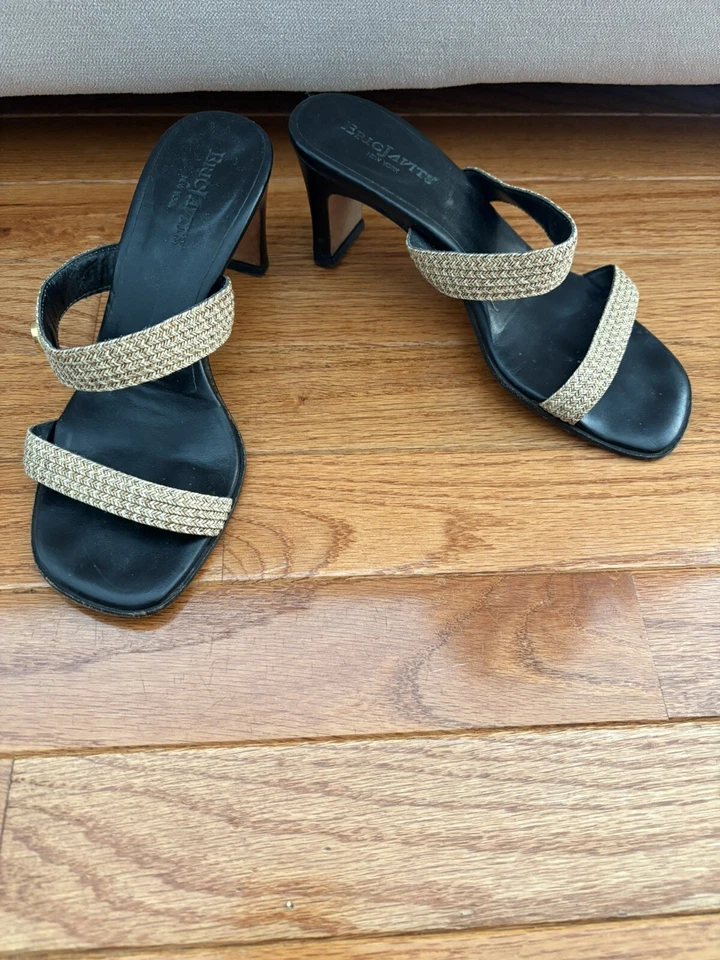 Eric Javits Natural Woven Oatmeal Slide Sandals Heels Leather Size 4 M - Image 2 of 4