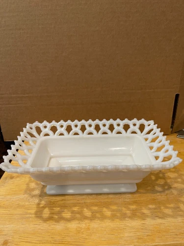Vintage Westmoreland White Milk Glass Lattice Lace Cut Rectangular Pedestal Dish