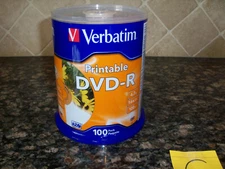 SEALED 100 VERBATIM DVD-R 4.7GB, 16X INKJET PRINTABLE 100PK SPINDLE 120MIN 96576