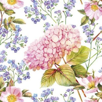 20 Servietten Blumen rosa lila Sommer Pink Hydrangea and Forget-Me-Not Flowers