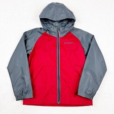 Columbia Kids Rain Jacket Youth Small 8 Hooded Lightweight Nylon Red Gray Mesh
