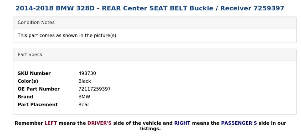 BMW 328D 2014-2018 - Hebilla/receptor de cinturón de seguridad central trasero 7259397 Foto 4 de 4
