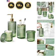 Green Bathroom Accessories Set 4 Pcs Glass Soap Dispenser Toothbrush Holder
