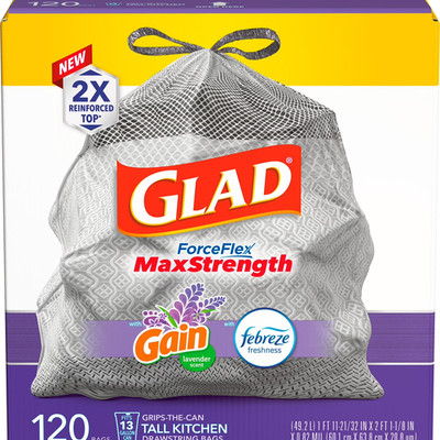 Glad ForceFlexPlus 13 Gal Drawstring Trash Bags, Gain Lavender Scent, 120 Ct