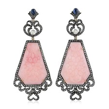 18KT Gold Silver Statement Earrings with Pink Opal Sapphire & Diamond Accents