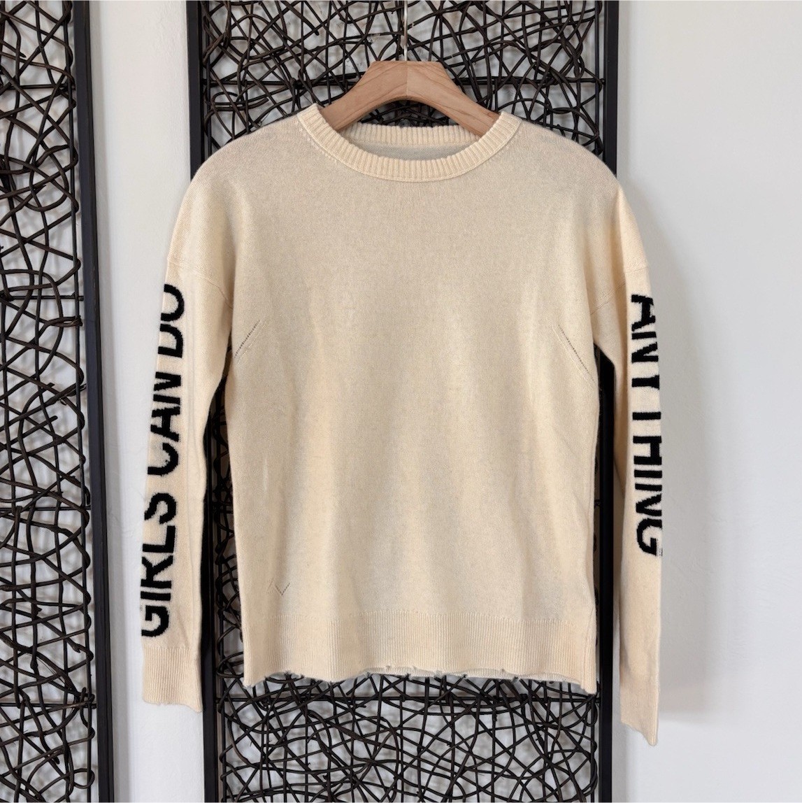 ZADIG & VOLTAIRE Cashmere Graphic Print Sweater Ivory Black S Crew Neck