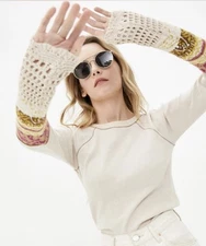 Free People In The Mix Cuff Thermal Top S Cream Knit Long Sleeve Crochet Boho