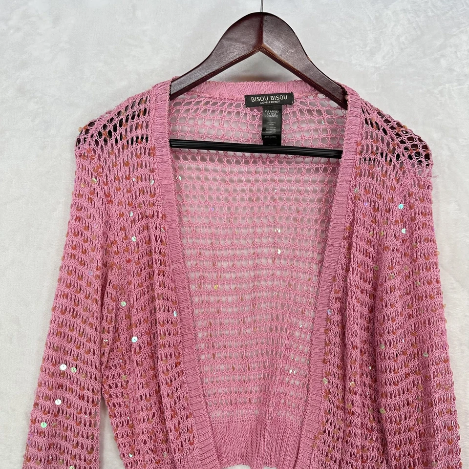 Suéter Vintage Bisou Bisou Mujer XL Rosa Crochet Lentejuelas Recortado Glamour Cárdigan Foto 2 de 4