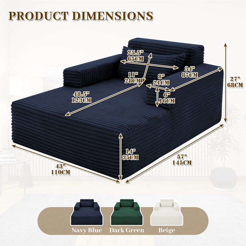 Chaise Lounge de 57" de gran tamaño interior, sofá cama tapizado de pana sin hueso Foto 4 de 4