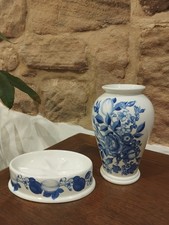 Vintage Portmeirion Harvest Blue Floral Vase & Soap Dish, Collectable Set VGC 