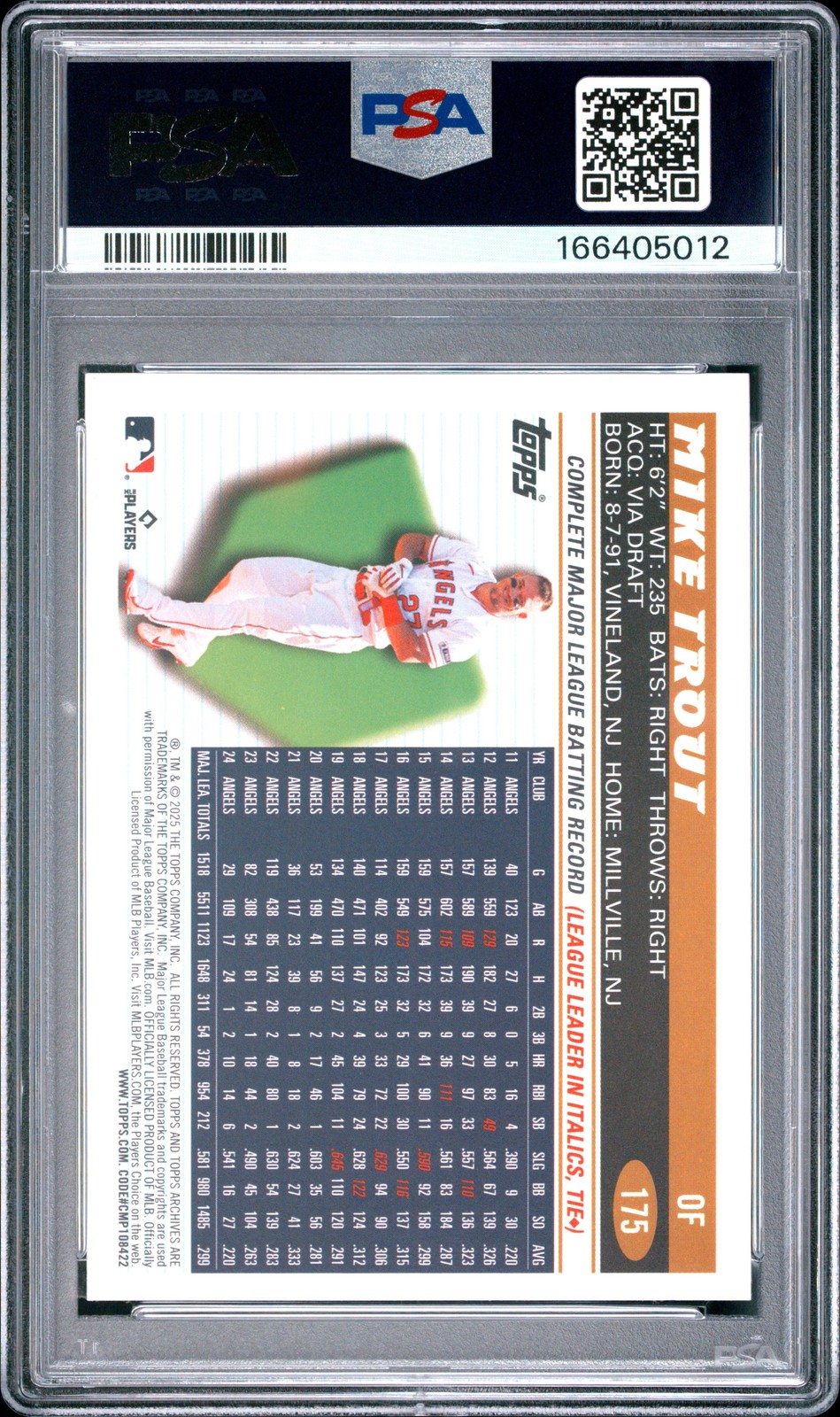 2025 TOPPS ARCHIVES BLACK FOILBOARD #175 MIKE TROUT PSA 8 view 2