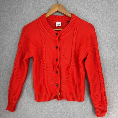 Women's CAbi Size Small Orange Cardigan Sweater Button Front Chunky Cable  Knit