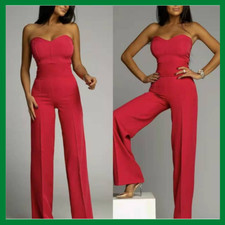 Tuta elegante intera da donna jumpsuit abito rosso per cerimonia senza spalline 
