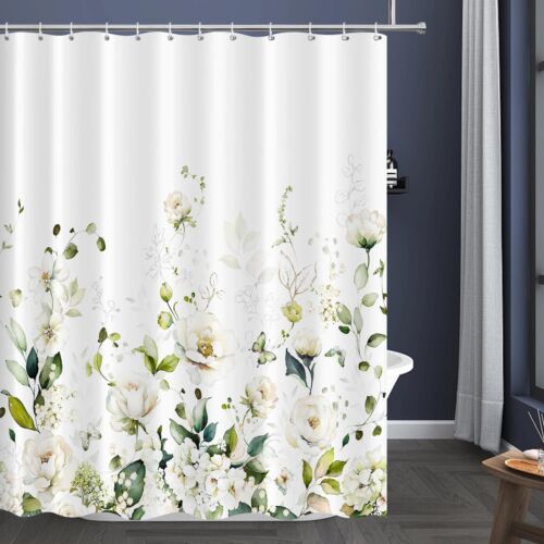 Blomming Bright White Cream Floral Shower Curtain Watercolor Green Leaves Pla... - Picture 3 of 7