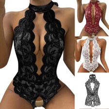 Women Halter Sleeveless Hollow Out Lace Babydoll Lace Up Lingerie Underwear Robe