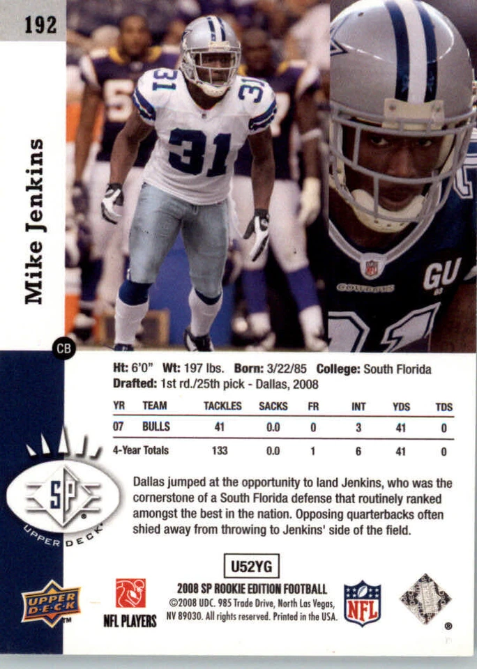 2008 SP Rookie Edition '93 #192 Mike Jenkins RC - Dallas Cowboys - Image 2 of 2