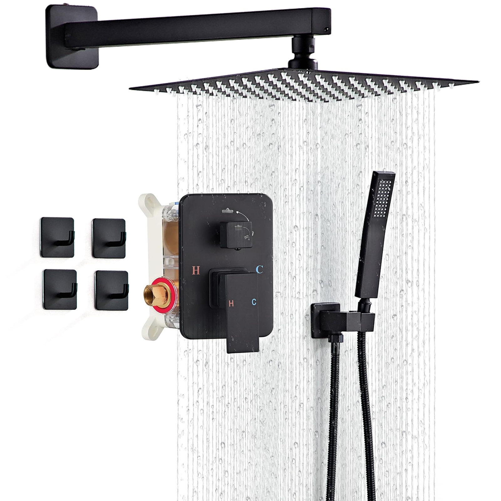 Shower Faucet Set, Matte Black Rainfall Shower System Complete Wall Mounted f...