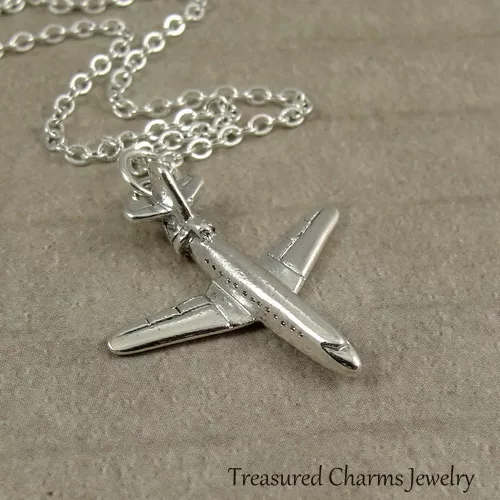 Silver Airplane Jet Necklace Travel Boeing 747 Charm Pendant NEW