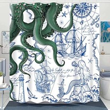 Green Nautical Octopus Shower Curtain Navy Blue Mermaid Funny Ocean Kraken