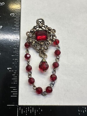 Crest w Chandelier Chain Red Rhinestone Classy Vintage Pin