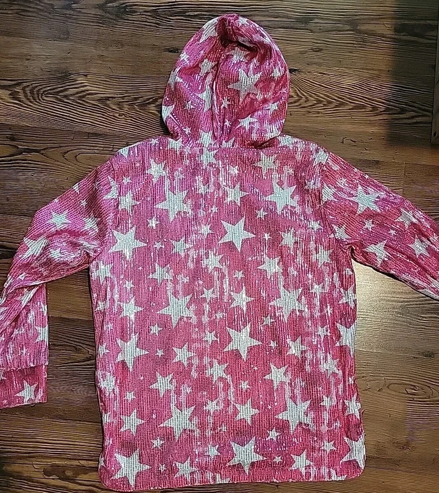 L & B Lucky And Blessed Hoodie Women's Size Medium Pink Sequin White Stars Tunic - Image 2 of 4