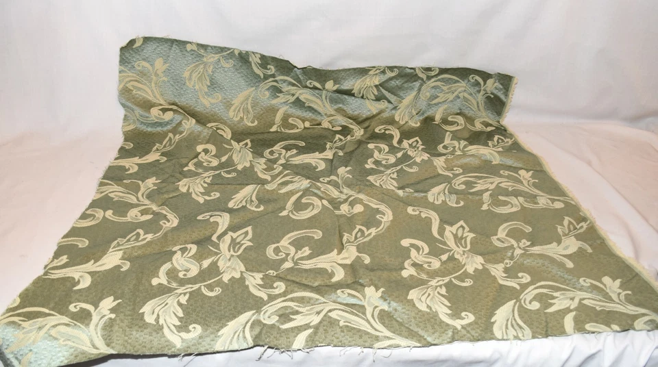 Vintage 3 Sizes Green Cream Swirls Embroidered Satin Upholstery Fabric Remnants - Image 3 of 4