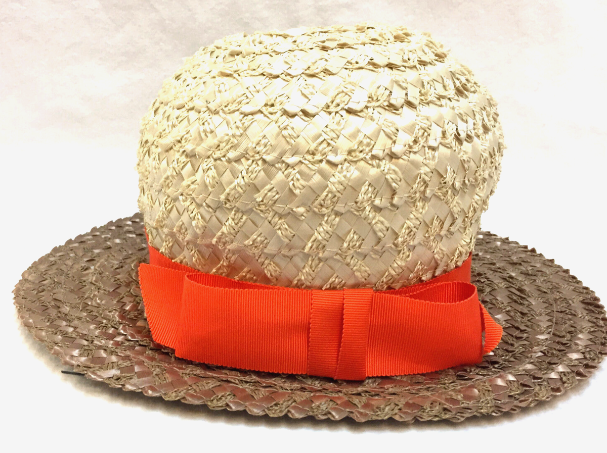 Derby Straw Hat Tall Beige Taupe Orange Ribbon Backside 