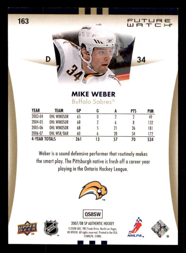 2007-08 SP Authentic #163 Mike Weber RC /999 (ref 239926) - Image 2 of 2