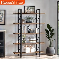 5 Tier Bookcase Industrial Wooden Bookshelf Wide Display Rack Storage Office