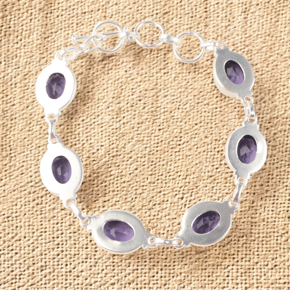 Brazalete de joyería artesanal de plata de ley 925 con piedras preciosas de iolita de 8,5" para mujer Foto 3 de 4