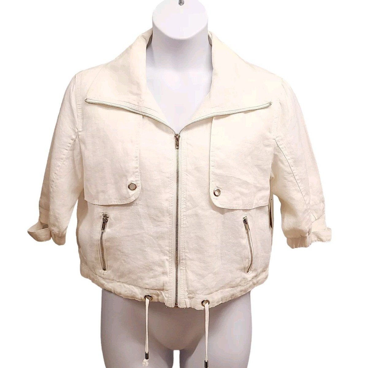 For Cynthia Linen Jacket Womens Petite Large White Cropped Zip Front Summer