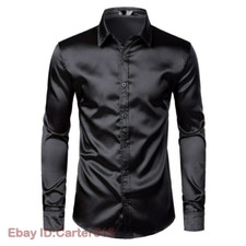 Men's Black Satin Dress Silk Smooth Men Shirt Slim Fit Wedding Party Shirts Tops