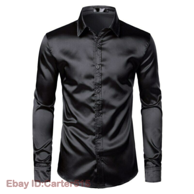 Men's Black Satin Dress Silk Smooth Men Shirt Slim Fit Wedding Party Shirts  Tops | eBay