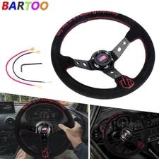 14" Suede Leather Steering Wheel Red Embroidery Deep Dish 95mm Drifting