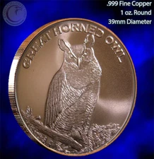 "Great Horned Owl" 1 oz .999 Copper Round Part of the Wildlife Series