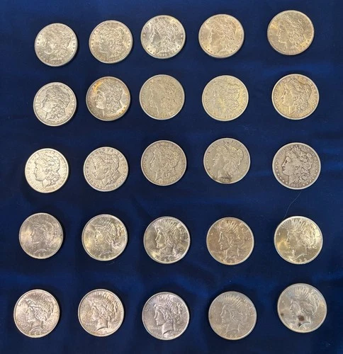 Mixed Lot of 25 Silver Dollars- 15 Morgan & 10 Peace 1880-1923 Good to Excellent