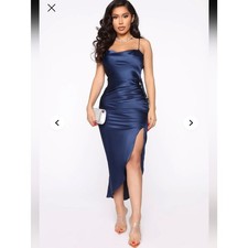 Fashion Nova Miss Honey Satin Midi Slip Dress - Navy. Size Medium. New