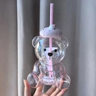 Starbucks Pink Bear Glass Dessert Party Cup w/Straw Tumbler Cold Water Cup 660ml