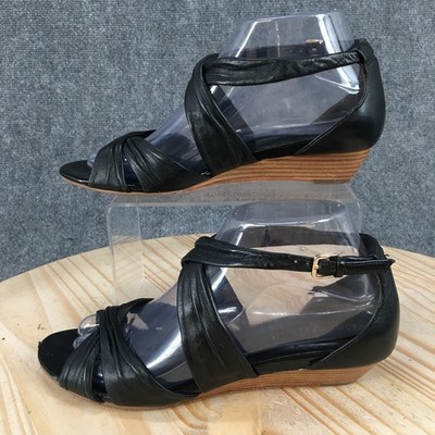 Cole Haan Sandals Womens 7 B Open Toe Ankle Strappy Low Wedge Black Leather