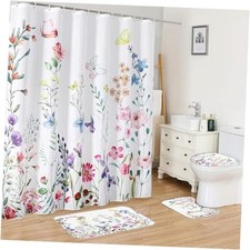 4 Pieces Shower Curtain Set with Non-Slip Rugs, Toilet Lid Cover and Floral