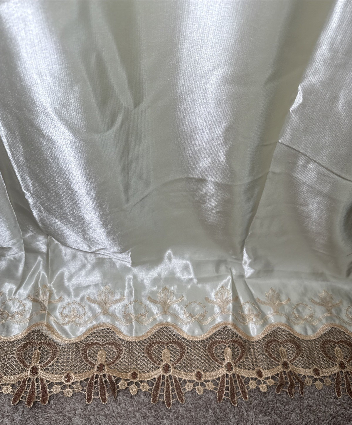 Pair (2) Curtain Panels Attached Valance Ivory Shimmer Satin Sheer Lace 54 X 87”