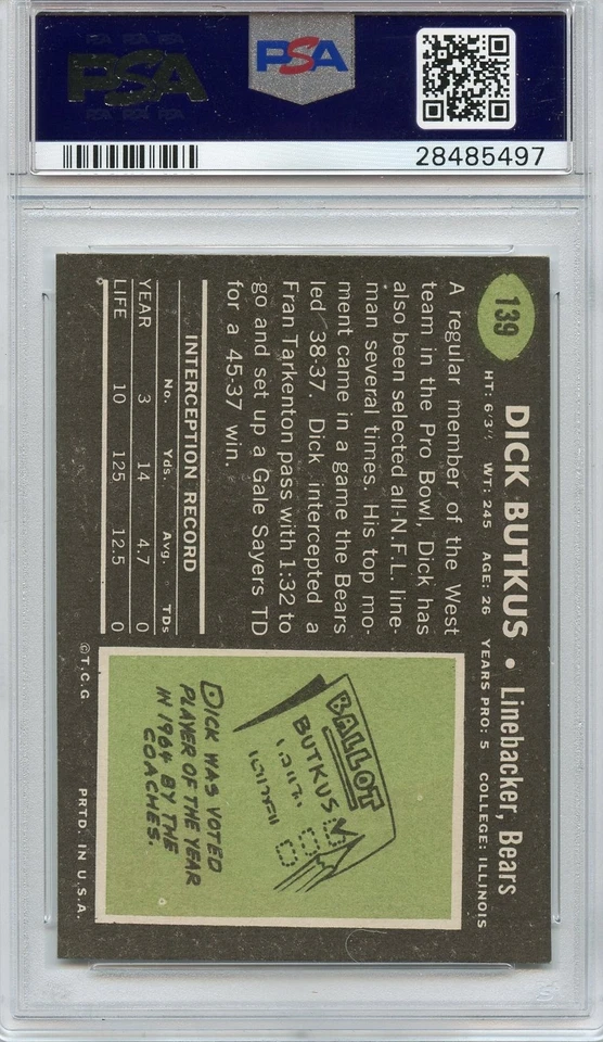 1969 Topps Football Dick Butkus #139 Chicago Bears PSA 7 casi nuevo Foto 2 de 2