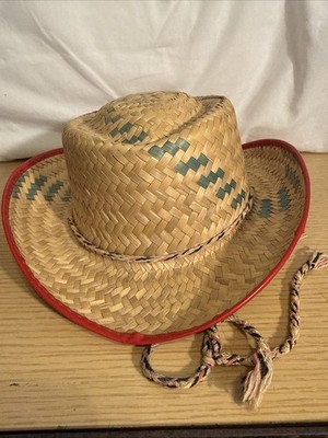 Fun Vintage Child Straw Cowboy Hat Made In Mexico Swirl Weave Red Vinyl Trim