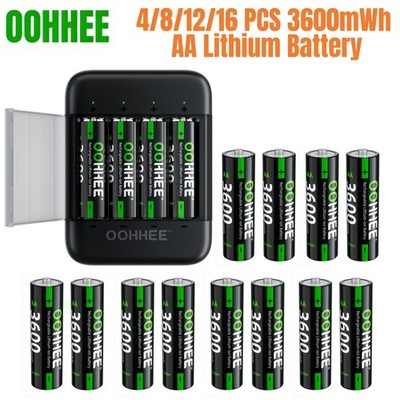 OOHHEE 4/8/12/16x AA 1.5V Lithium Rechargeable Battery 3600mWh Charging Storage