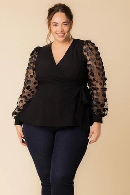 Kiyonna Top Scattered Petals Style Size 12 Black Party True Wrap Romantic Flirty