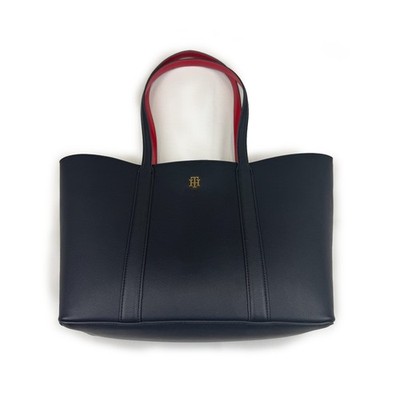Tommy Hilfiger Tote Bag Navy Blue Handbag Gold Monogram Red Accent Shoulder Purs