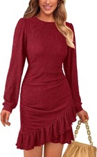 Women Spring Ruched Bodycon Mini Dress Puff Sleeve Ruffle Fitted Cocktail Party
