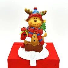 Cute Moose With Tree And Birdhouse Resin Christmas Stocking Hanger Hat And Scarf