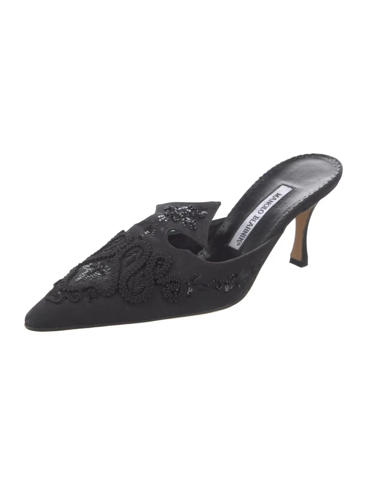 Mules Manolo Blahnik para mujer talla 8 negro estampado floral bordado con cuentas sin cordones Foto 2 de 4